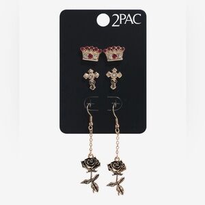 2PAC Tupac Crown Cross Rose Earring Set – 3 Pairs Gold Tone